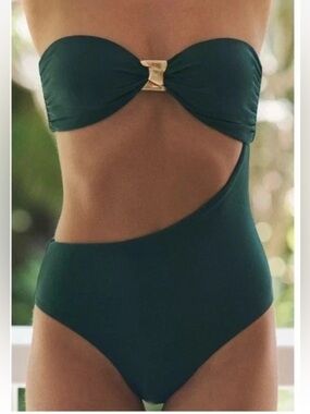 Zara Deep Green Swimsuit Gold Buckle Strapless Size S